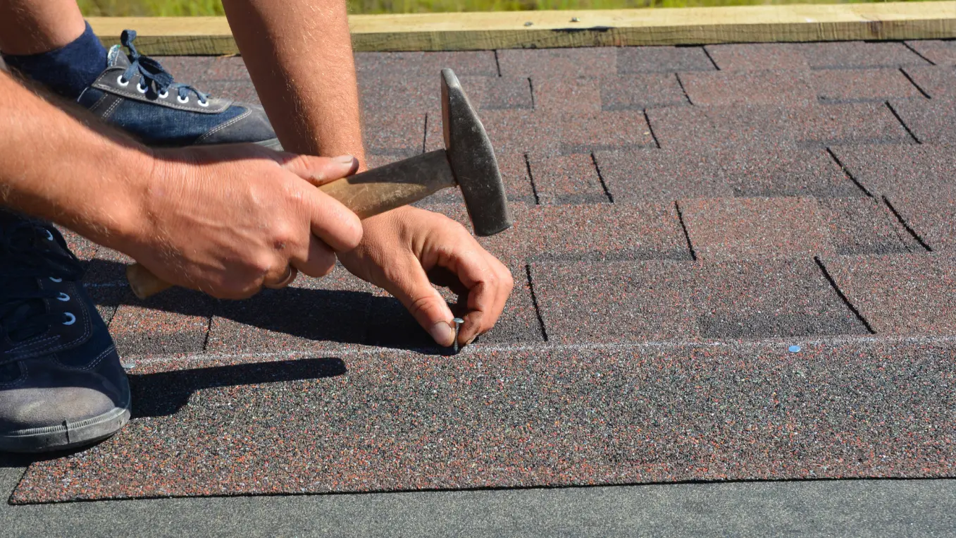 Roofer installing Asphalt Shingles on house Roofing Construction with hammer and nails. Roofing Construction. Roofing Contractor laying Asphalt Shingles roof tiles.